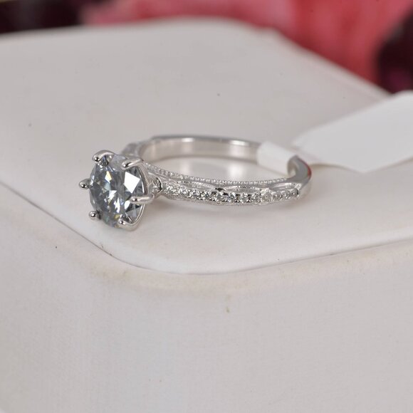 2ct Gray Moissanite Certified Round Brilliant Cut Engagement Ring 925 Sterling - Picture 5 of 7